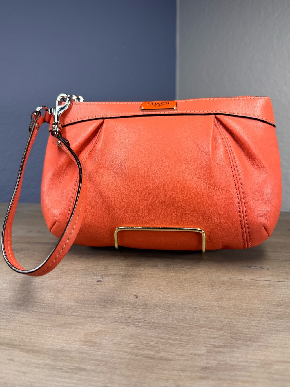 Coach Coral Orange Leather Wristlet Zip Clutch Pouch Silver Hardware EUC Bag